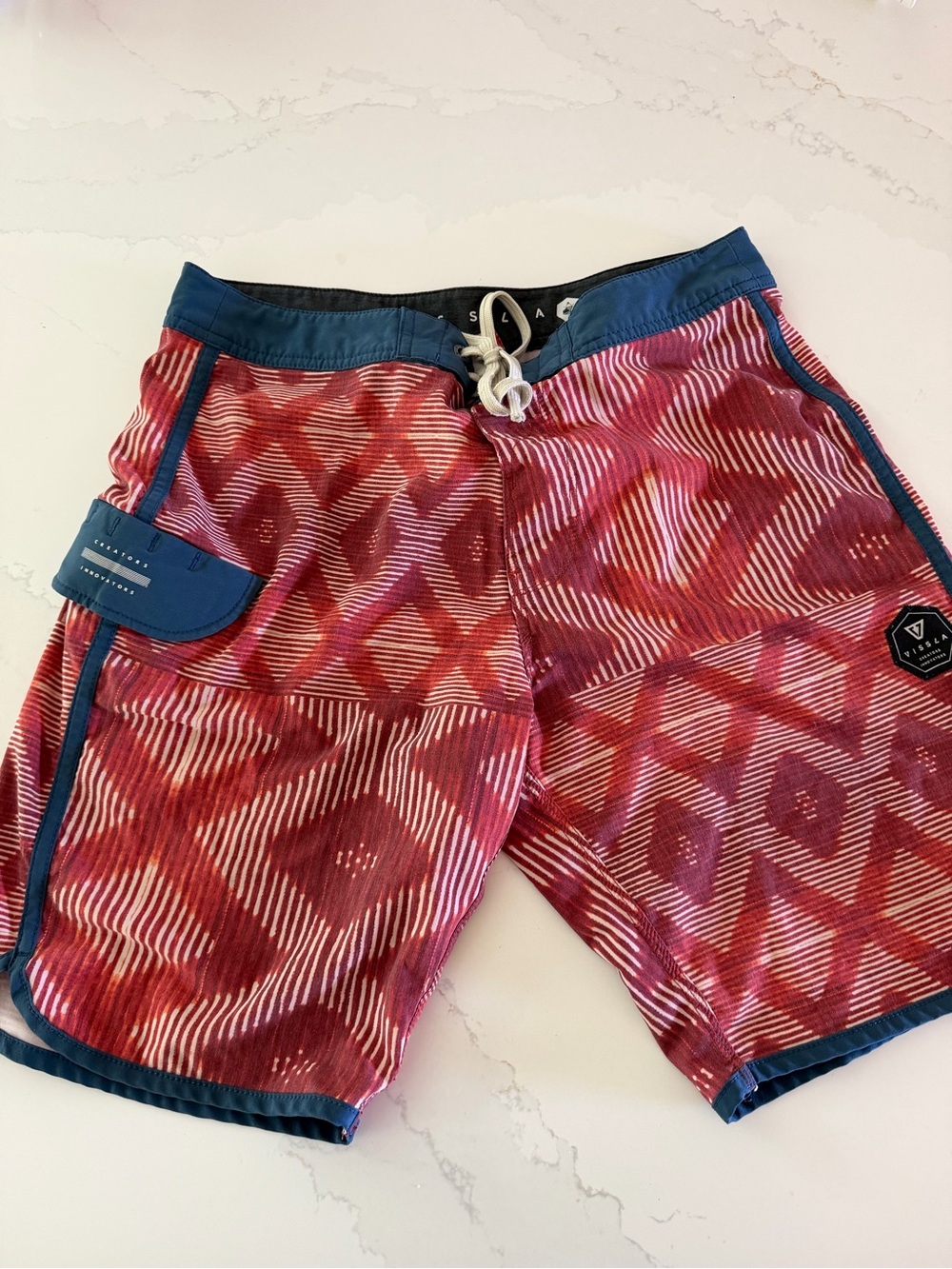 VISSLA Red Geometric Swim Boardshorts with Blue Trim